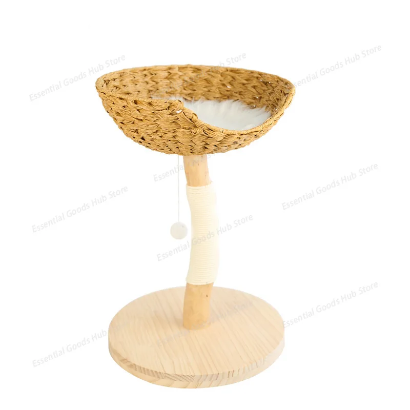 

Small Space Solid Wood Rattan Cat Tree, All-in-One Scratching Post with Cats Bed, space-Saving cat Toy for small Homes