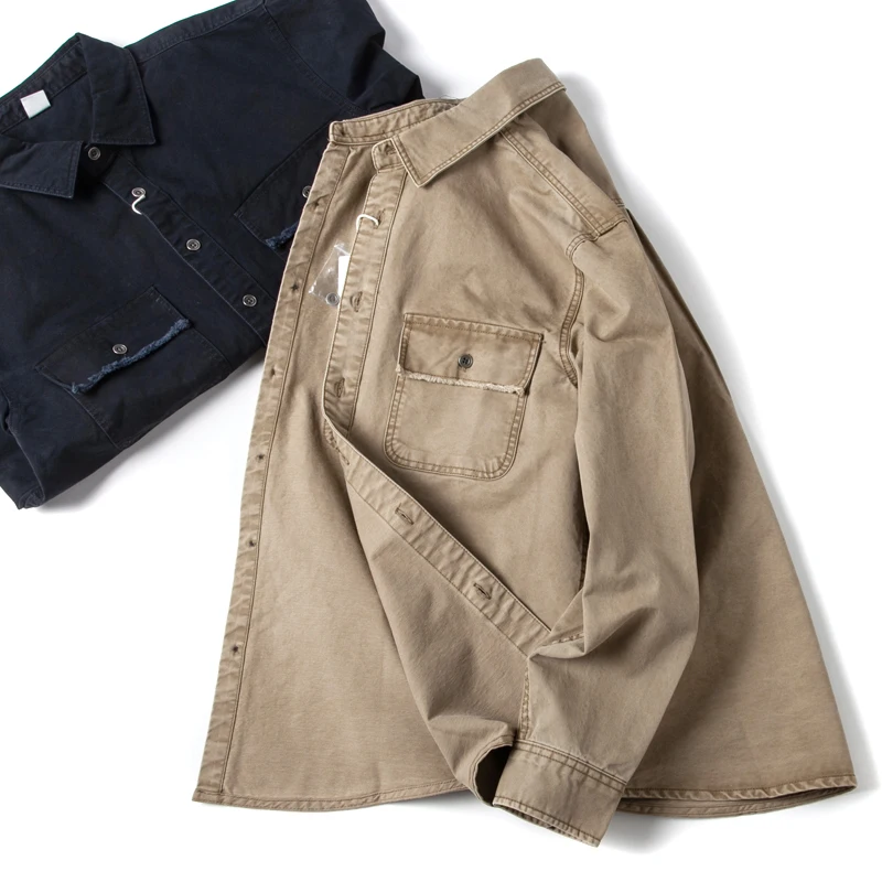 قميص قطني طويل ياباني عتيق مغسول - 100% قطن متعثر مريح للجنسين قميص سترة عمال خريف 2025