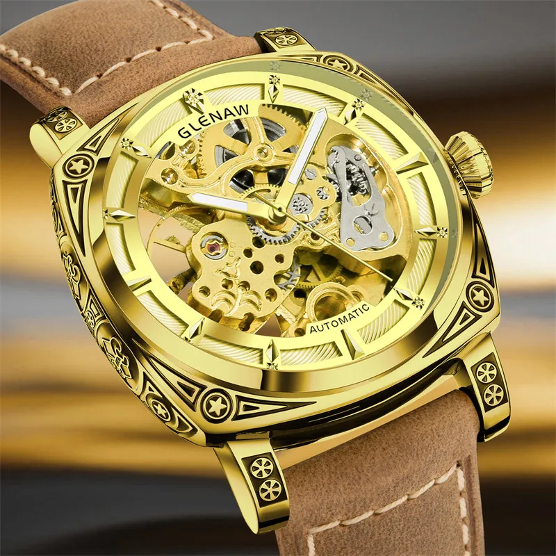 GLENAW New Top Luxury Brand Male Wristwatch Gold Luminous Automatic Mechanical Watch Waterproof Hollow Out Original Men\'s Watch