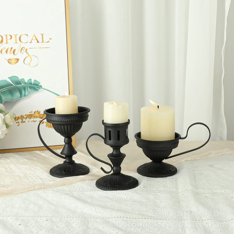 New Retro Black Wrought Iron Candlestick with Floating Pattern Flower Base and Handle, Wedding Party Home Decor Candle Holders