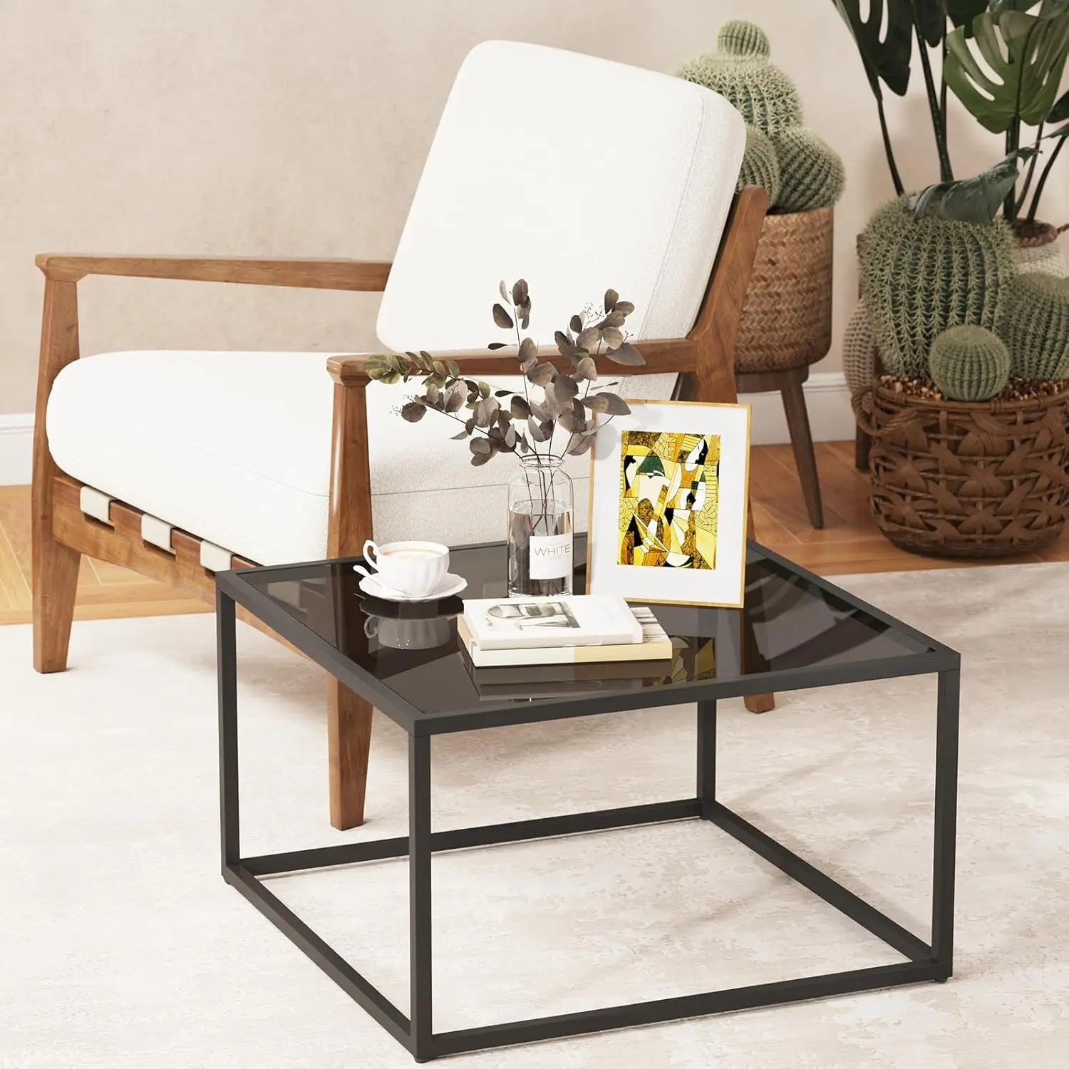 Coffee Table, Tempered Glass Square Coffee Tables with Metal Frame