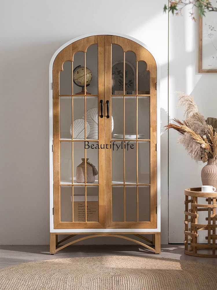 

American-Style Solid Wood Two-Door Floor Arched Glass Door Wall Clothes Closet French Display Cabinet