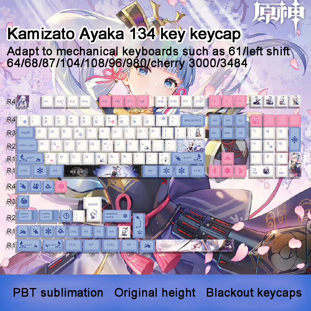 Genshin Tác Động Keycaps Kamisato Ayaka Keycap 134 Phím PBT Thăng Hoa Anh Đào Hồ Sơ Trò Chơi Nắp Phím Cho Công Tắc Bàn Phím Cơ