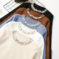 Women Clothing Long Sleeve Diamonds O Neck Pullovers Knitted Sweater Solid Casual Loose Fit Slight Strech Jumper 2024 Autumn