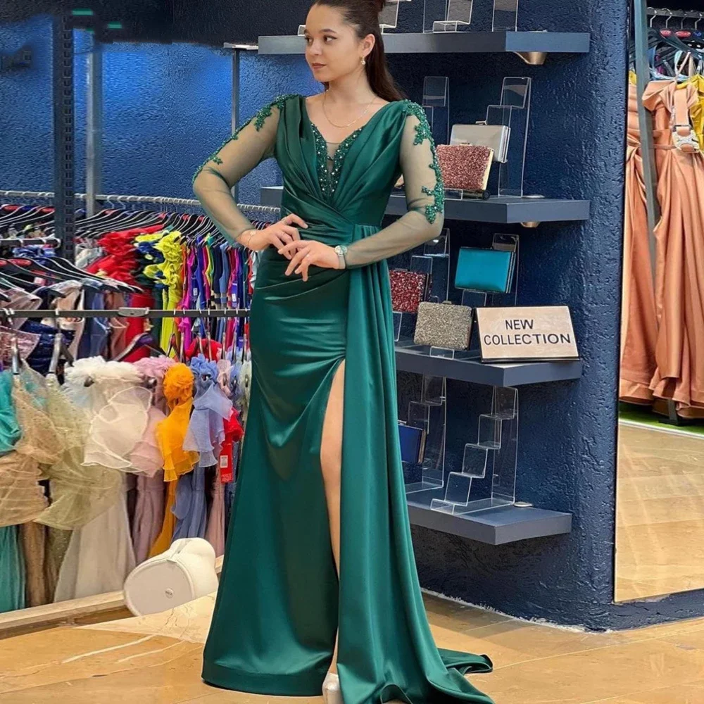 

Vinca Sunny Customized Satin Mermaid Evening Gown for Wedding Side Split Prom Dress Long Sleeves Celebrity Party robe de soirée