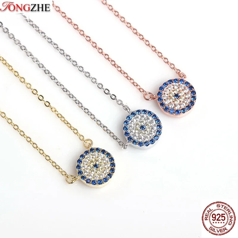 

TONGZHE 925 Sterling Silver Jewelry Initial Necklace Cubic Zirconia Round Evil Eye Necklace Gold Choker Pendant Necklace Women