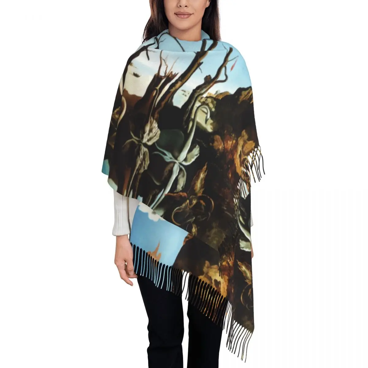 Custom Lady Large Swans Reflecting Elephants By Salvador Dali Scarves Winter Thick Warm Tassel Shawl Wrap Painting Art Scarf