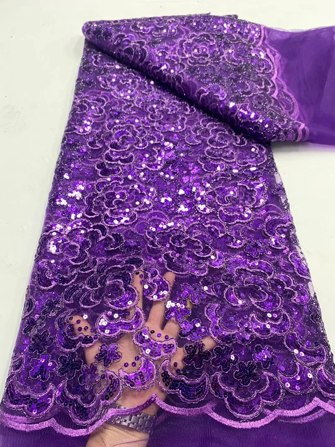 LDPN312 Purple!Wholesale African tulle lace fabric with sequins,good quality embroidered French lace for party/wedding dress