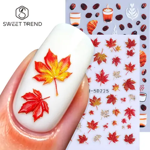 SWEET TREND-1/2pcs 5D Embossed Maple Leaf Nail Art Sticker Coffee Bean Autumn Nail Decals Self-Adhesive Sliders Manicure Decor
