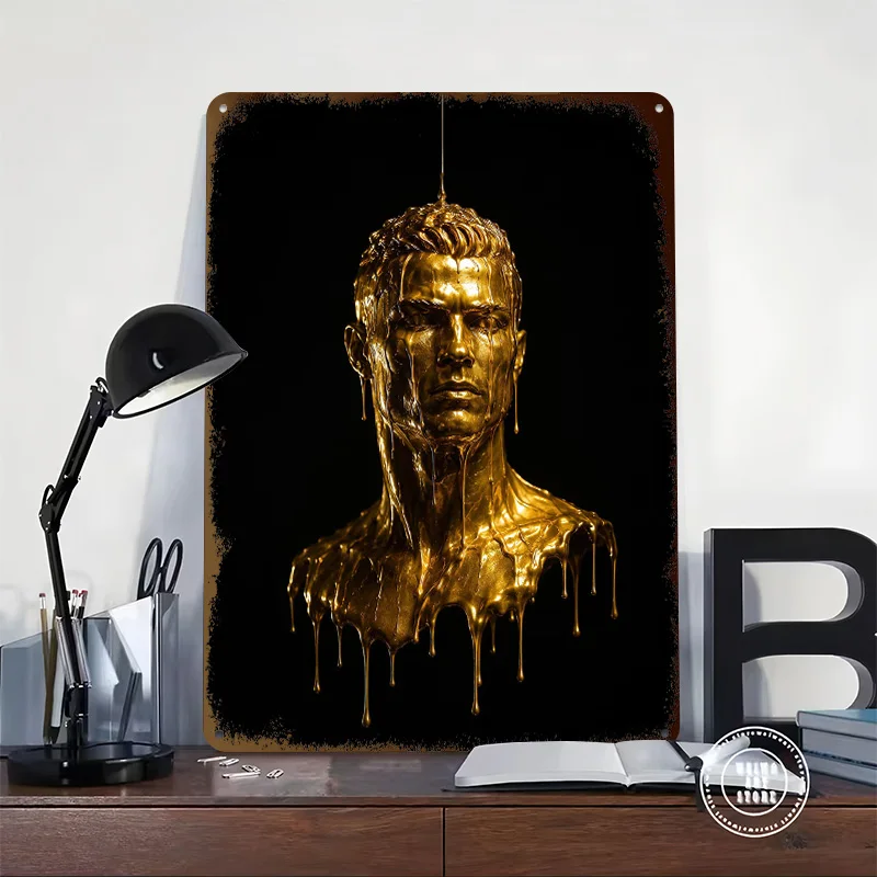 Golden Statue of Cristiano Ronaldo Metal Poster Perfect Gift for Fans Lovers Personalized Wall Art Metal Sign for Vintage Decor