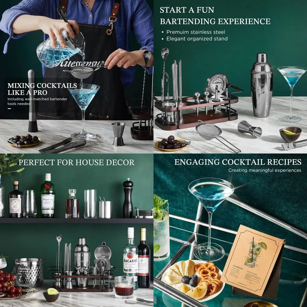 

Полный набор для приготовления коктейлей из 24 предметов со стойкой | Комплект для бармена «Всё включено», чёрный