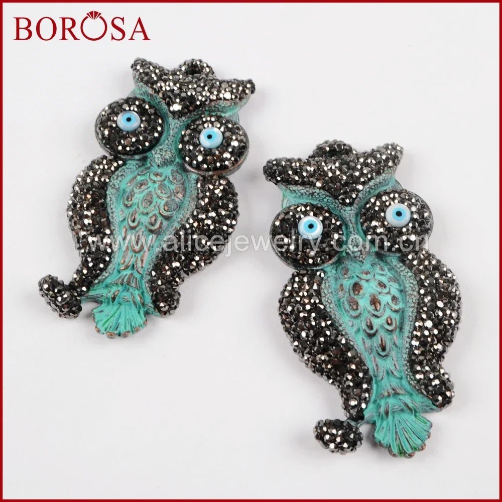 BOROSA New Arrival Owl Carved Bronze Charm Druzy With Crystal Rhinestone Pave Charm Bead Pendant for Jewelry Making JAB745