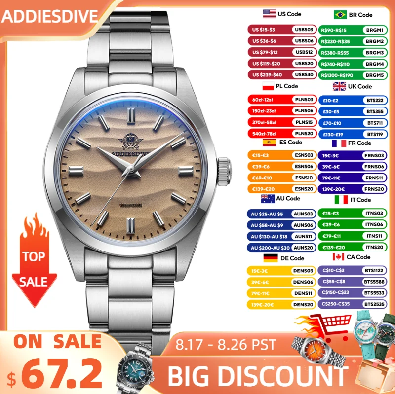 Addiesdive relógio masculino areia dial 36mm relógio de quartzo 100m à prova dwaterproof água 316l aço inoxidável ar revestido cúpula vidro relógio de pulso para homem