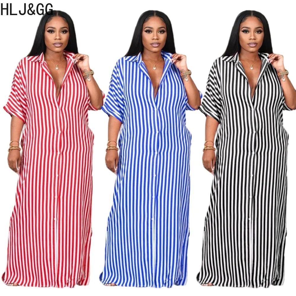 

HLJ&GG Elegant Lady Stripe Print Shirt Maxi Dress Women Turndown Collar Short Sleeve Button Loose Slit Vestidos Fashion Clothing