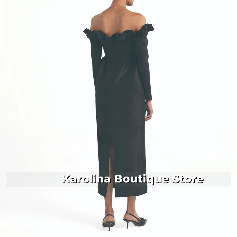 Robe de soirée en Satin noir à volants, épaules dénudées, colonne, manches longues, longueur thé, pour femmes, 2025