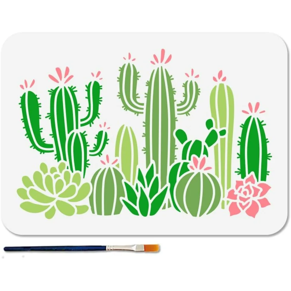 

Cacti Stencil Succulents Stencils 11.7×8.3inch Desert Cactus Plastic Stencils with Paint Brush Herbal Plants Wall Templates