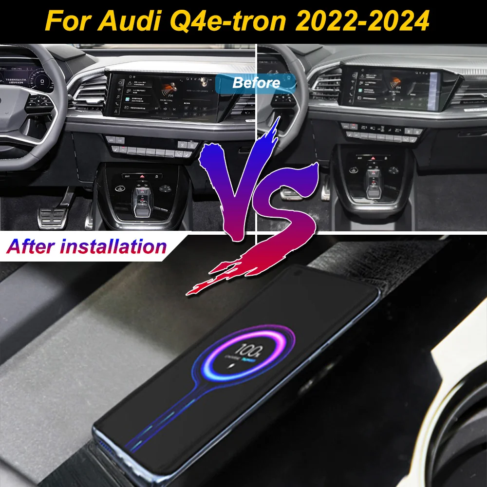 

2 Din for Audi Q4e-tron 2022-2024 Car Wireless Mobile Phone Charger Center Console Storage 18W iPhone fast charge plate holder