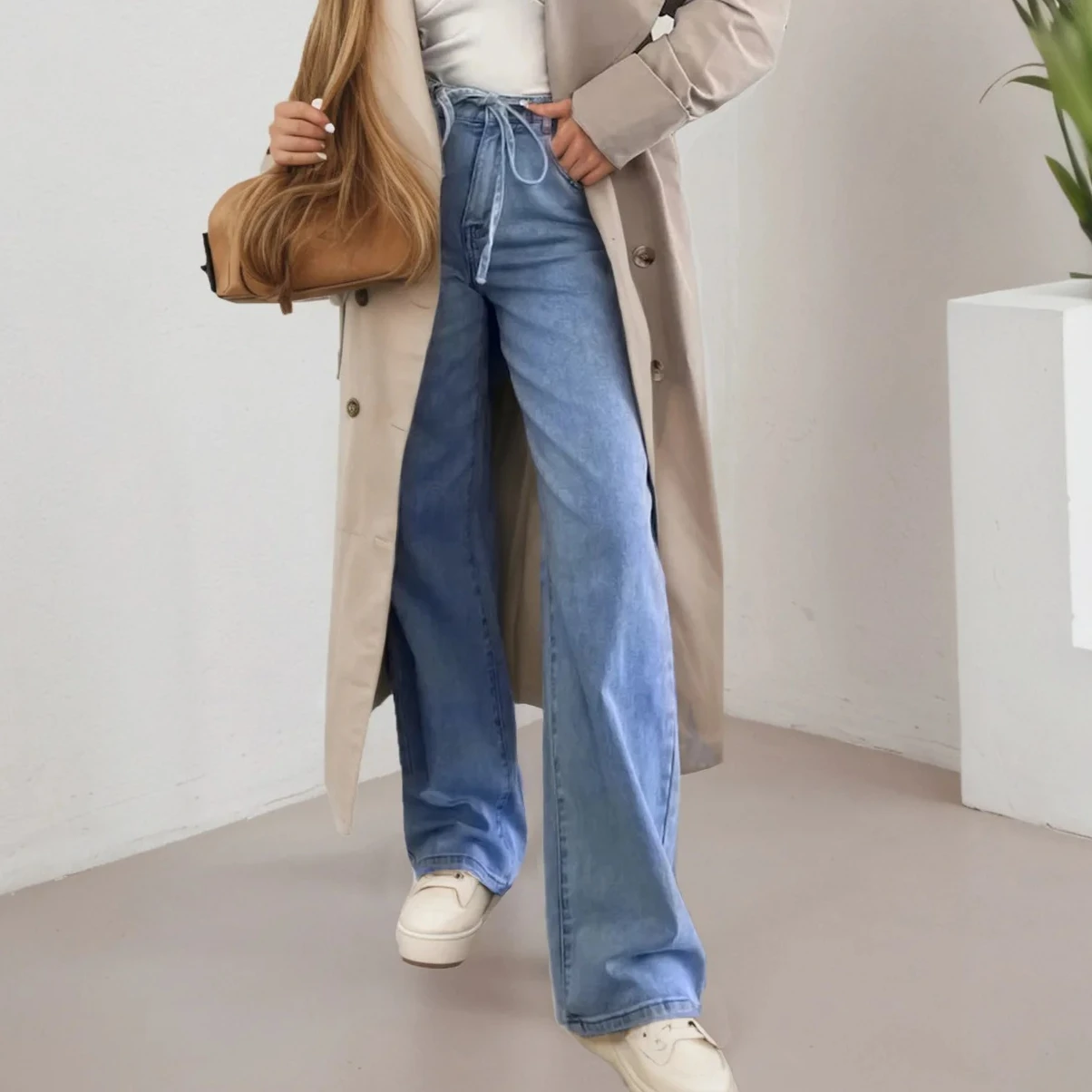 

Прямые брюки, женские джинсы для мам, длина до пола, на шнуровке, с эластичной резинкой на талии, эластичные карманы, потертые винтажные джинсовые брюки 2025 года