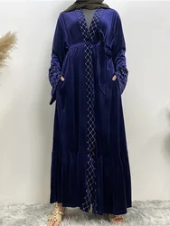 Zimowa, jesienna na Bliskim Wschodzie aksamitna z długim rękawem kobiety moda muzułmańska Maxi indyk sukienka Ramadan Kaftan Dubai Abaya islamska odzież