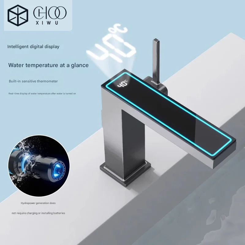 

Gun Grey Digital Display Basin Faucet Black Bathroom Temperature Display Sink Tap Hot&Cold Water Mixer Sense of technology Crane