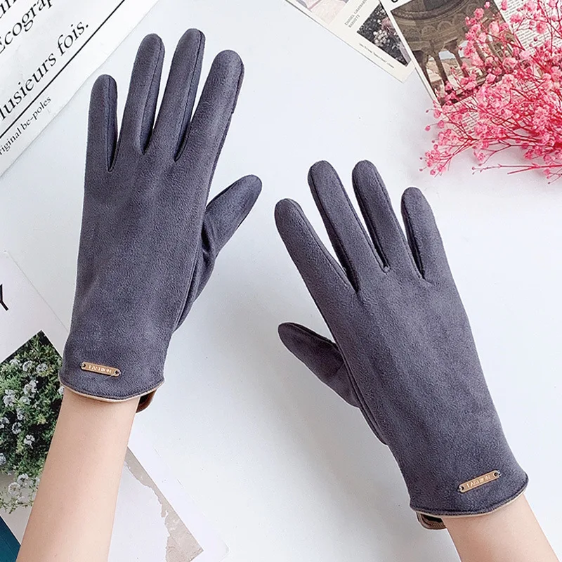 New Autumn Winter Women Suede Keep Warm Thin Fleece Not Bloated Leaking Fingers Clamshell Cycling Solid Simple Elegant Gloves