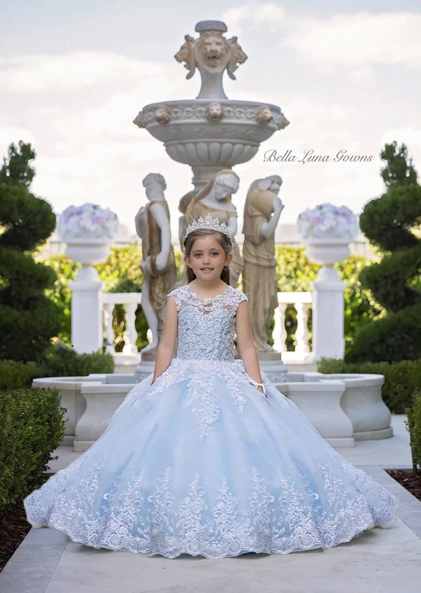 Prinses Sky Blue Baljurk Meisjes Pageant Jurken Lace Applique Kids Verjaardag Prom Mouwloos Sweep Trein Meisje Bloem Jurk