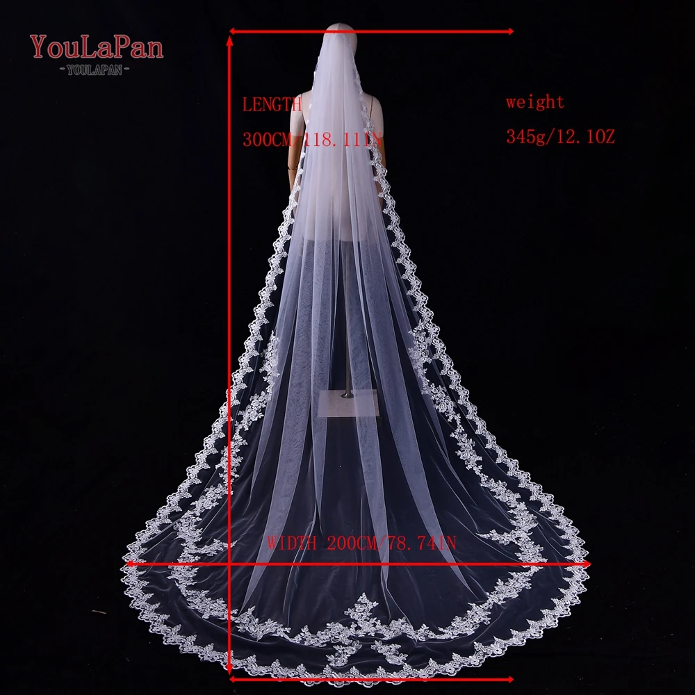YouLaPan V110 foto Real velo de novia largo con peine velo de novia de encaje hasta la catedral con adorno parcial suave de un solo nivel