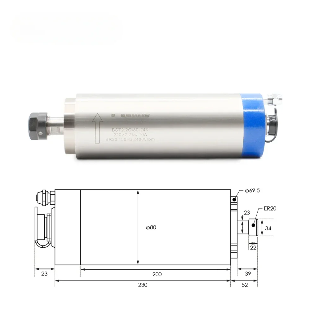 Bullet hoofd watergekoelde spindel lucht afgedicht stofdicht 2.2kw diameter 80mm steen metalen snijwerk elektromechanische spindel