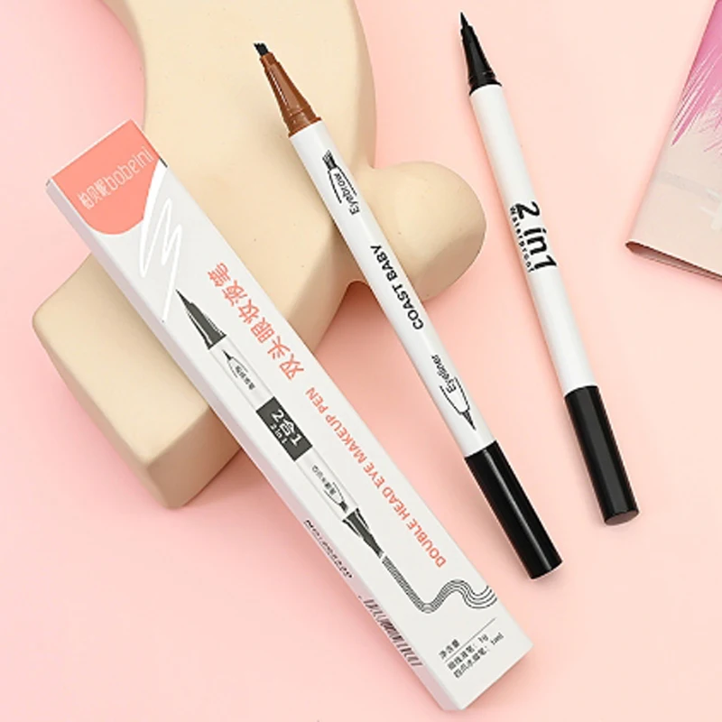 Pro 2IN1 Dual Ended Waterproof 4 Fork Tip Eyebrow Eyeliner Pen Long Lasting Natural Brown Liquid Eye Brow Black Eye Liner Pencil