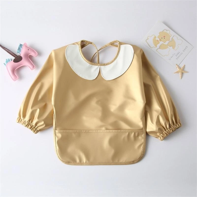 J15U مريلة أطفال مقاومة للماء مع جيب للطعام، مريلة طويلة الأكمام للأطفال الرضع من قماش التجشؤ #2