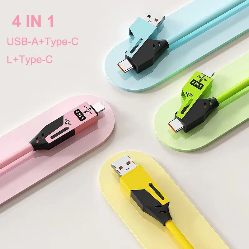 65w 4 em 1 mola cabo de dados curto 6a usb tipo c mola telescópica carregador rápido fio mola cabo usb para iphone ipad macbook