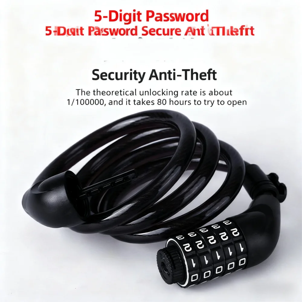 

5-значный велосипедный замок с паролем — устойчивый к порезам стальной трос с кронштейном для крепления, портативный для езды на велосипеде на открытом воздухе, 1,2 x 1/2 дюйма