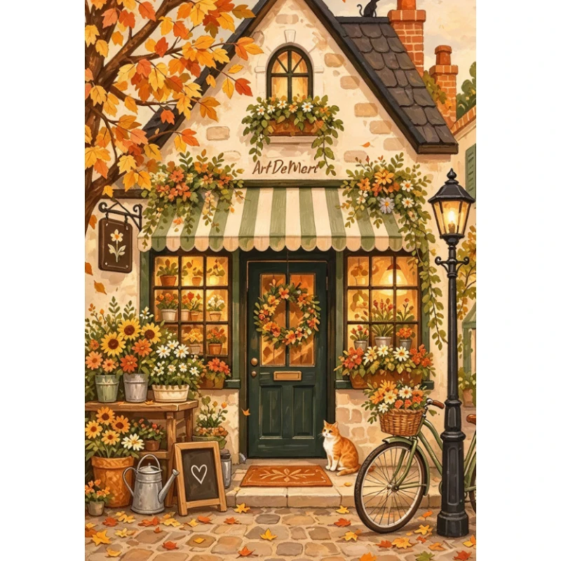 Autumn Flower Shop Cottage Diamond Painting, Fall Maple Leaf Orange Cat Bicycle, DIY Diamond Art for Bedroom Wall Decor & Gift