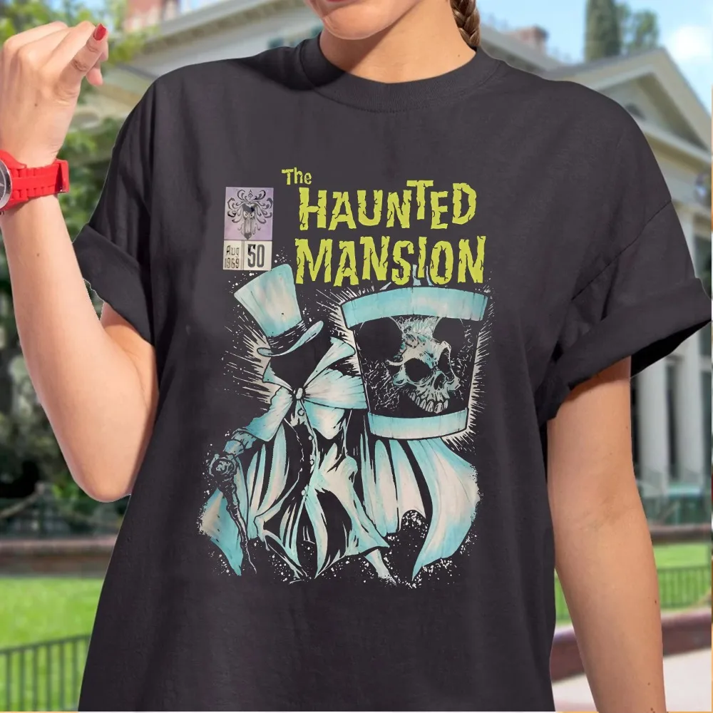 

Disney The Haunted Mansion Retro Halloween Shirt Scary Mickey Mouse Head Skeleton Hitchhiking Ghosts Foolish Mortal Women Tshirt