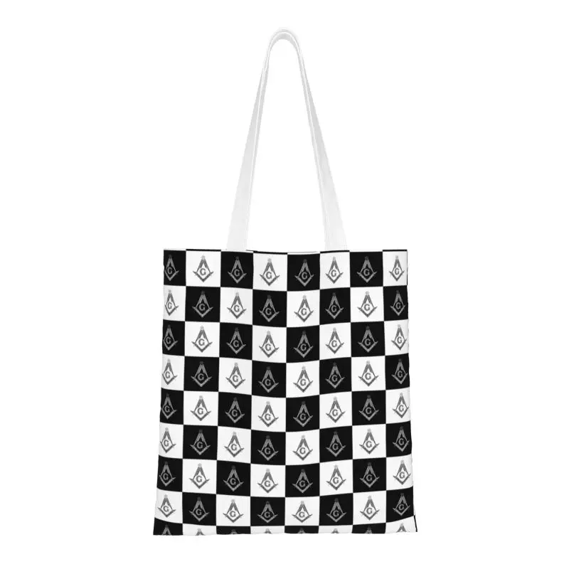 

Masonic Freemason Checkered Pattern Groceries Shopping Bag Canvas Shopper Tote Shoulder Bags Black and White Plaid Handbag