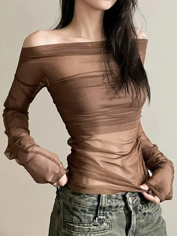 تي شيرت شبكي شفاف ملابس نسائية مكشوفة الأكتاف Y2k بلوزة قصيرة بأكمام طويلة ملابس خروج متينة Camisetas كورية Ropa De Mujer #4