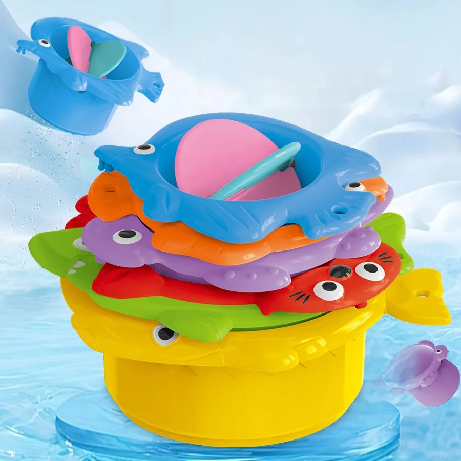 6PCS Baby Bath Toy Floating Water Stacking Toy Kids Swimming Pool Educational Toy for Children Cartoon Animal Bathroom Beach Toy