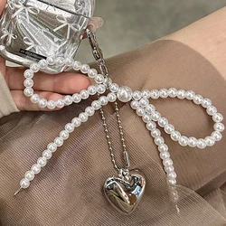 1/2pcs Sweet Pearl Heart Key Ring Women Handmade Bowknot Phone Lanyard Keychain Charm Hanging Ornament Bags Pendants Jewelry