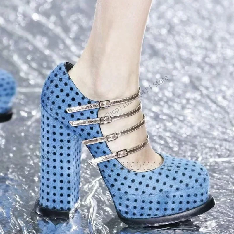 

Black Dot Design Blue Round Toe Platform Pumps Ankle Buckle Strap Women Shoes Chunky High Heels Fashion 2023 Zapatos Para Mujere