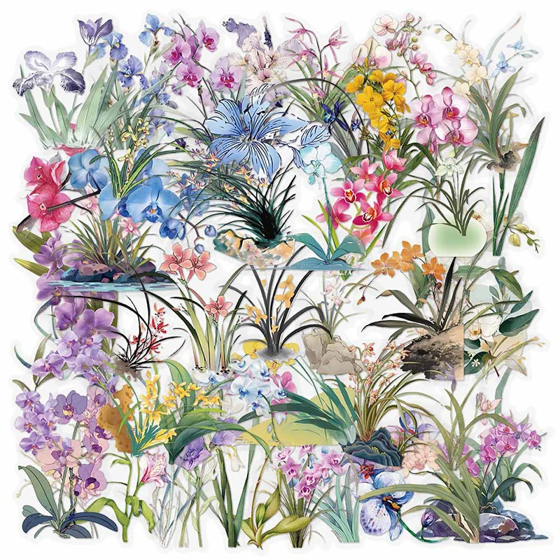 

50 шт. прозрачных мультяшных наклеек с орхидеями и граффити, декоративные стикеры для блокнотов, гитар, скейтбордов, растений, цветов, ПЭТ-наклейки, игрушки