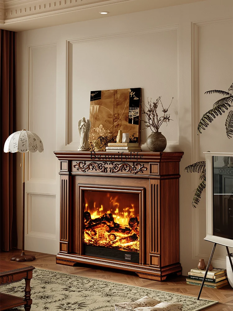 

American retro rural solid wood fireplace decorative cabinet living room electronic simulation flame