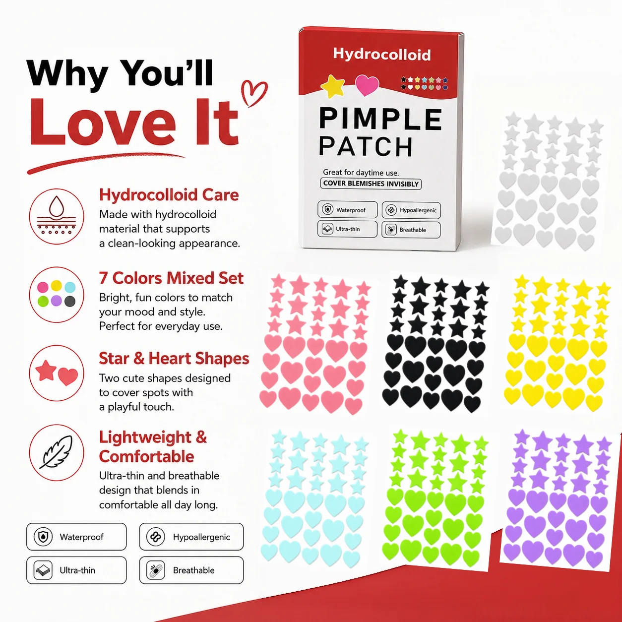 252/756/1260PCS Hydrocolloid Pimple Patches, 7 Colors Star & Heart Face Stickers, Ultra-Thin Waterproof Day & Night Use