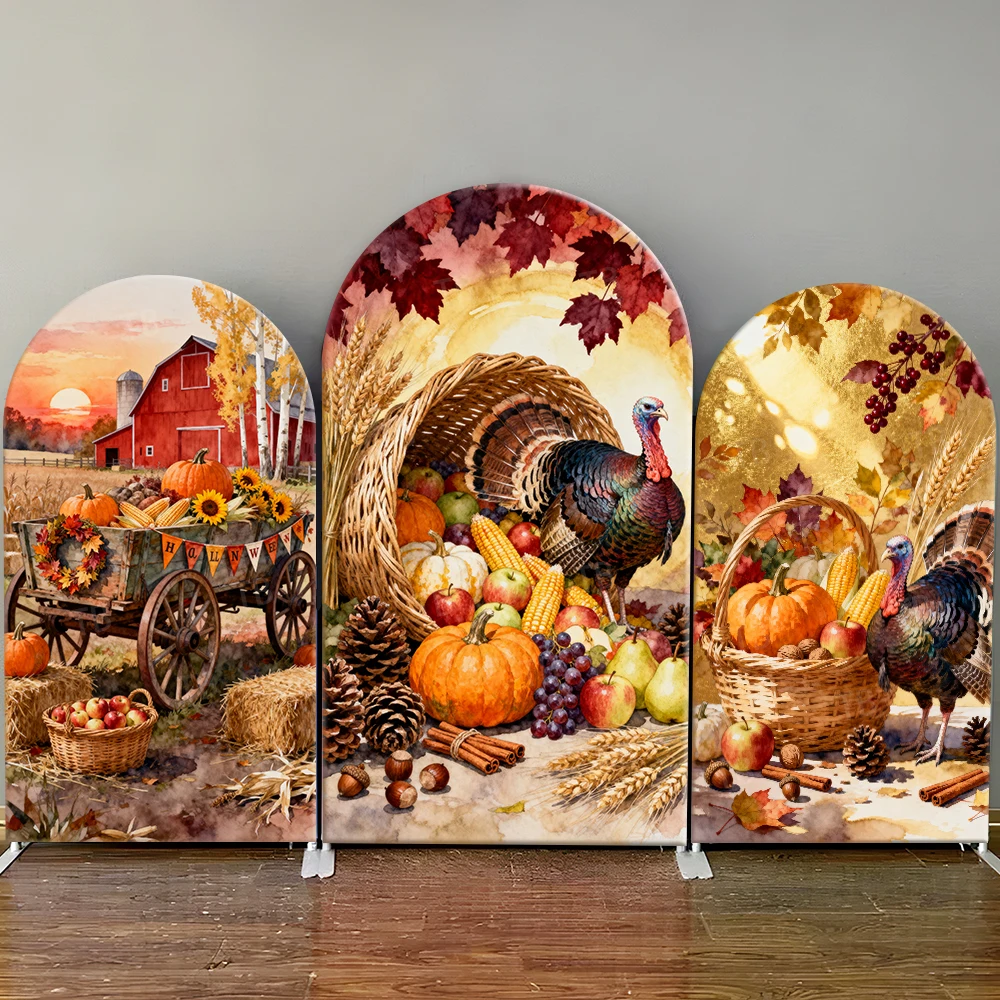 

Thanksgiving-themed Party Arch Backdrop Cover Festival Decor Pumpkin Harvest in Autumn Photography Background Elastic Fabric