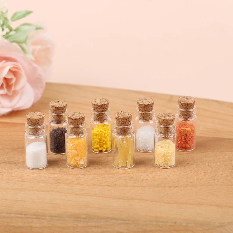 8Pcs/Set 1/12 Dollhouse Mini Glass Seasoning Bottle Simulation Kitchen Model Toy