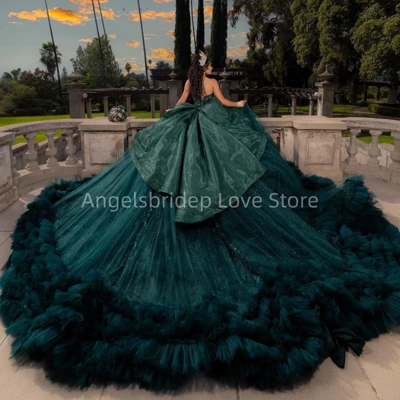 ANGELSBRIDEP Customized Luxury Blackish Green Ball Gown Quinceanera Dresses Glitter Tulle Evening Party Dress Vestido De 15 Años