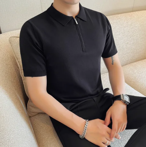 

Men Ice Silk Knitted Polo Shirt Men's Short Sleeved Summer Collar Fashion Polo Shirts Men's Loose Thin Leisure Cotton T-shirts