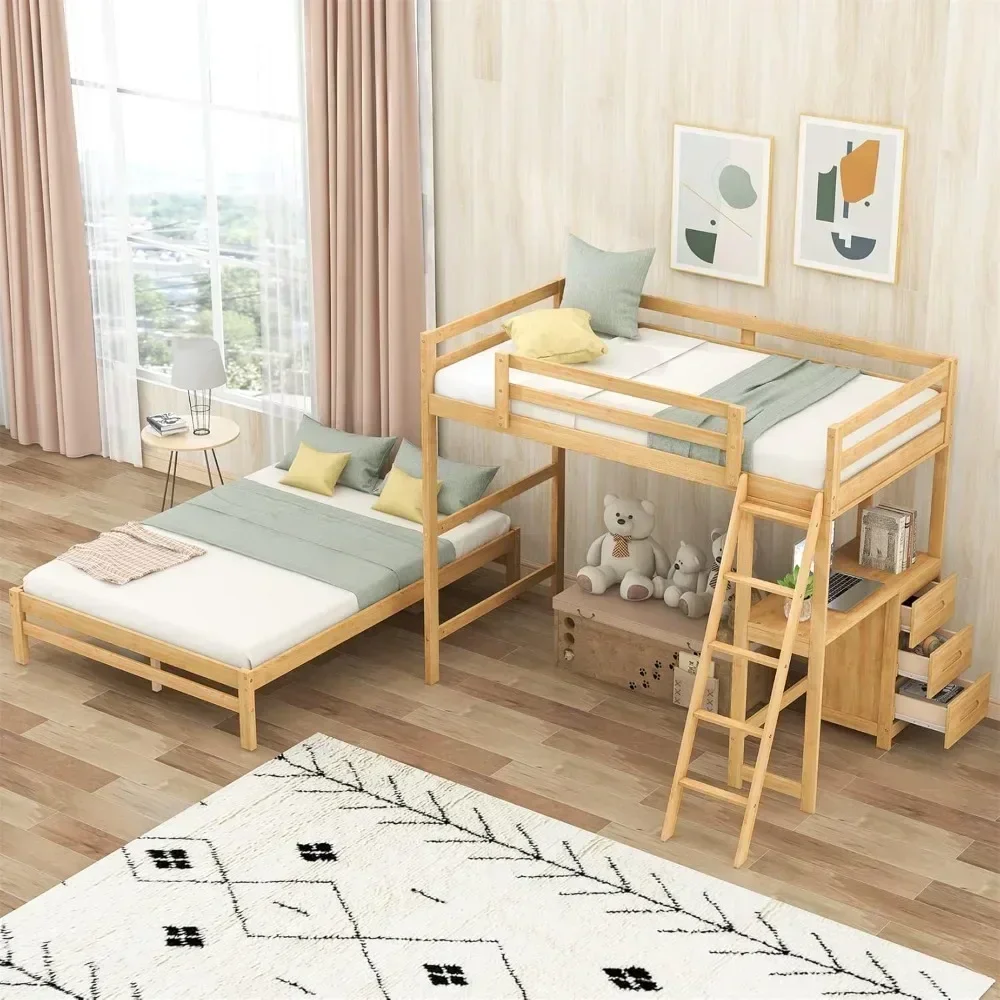 Bunk Beds Twin Over Full with Desk Convertible Loft Beds Can Be Separated into 2 Kids Bunkbed Frame for Girls Boys Teens