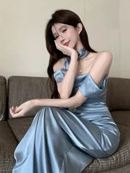 Satin Halter Sleeveless Transparent Slip Solid Zip Up Elegant Sexy Maxi Prom Dress Summer Women Wedding Party Vestido Outfit