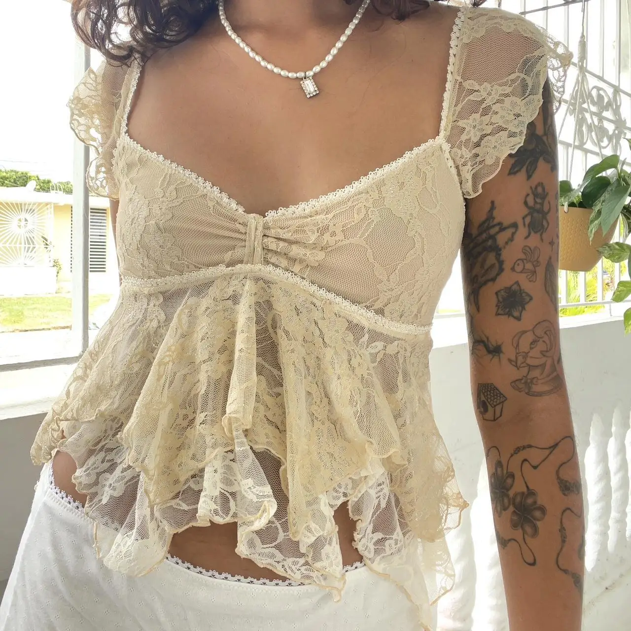 Gaono Vintage Square Collar Irregular Hem Tank Tops Women Coquette Vest Cute Lace Sheer Tops Y2k Aesthetic Fiary Crop Tops