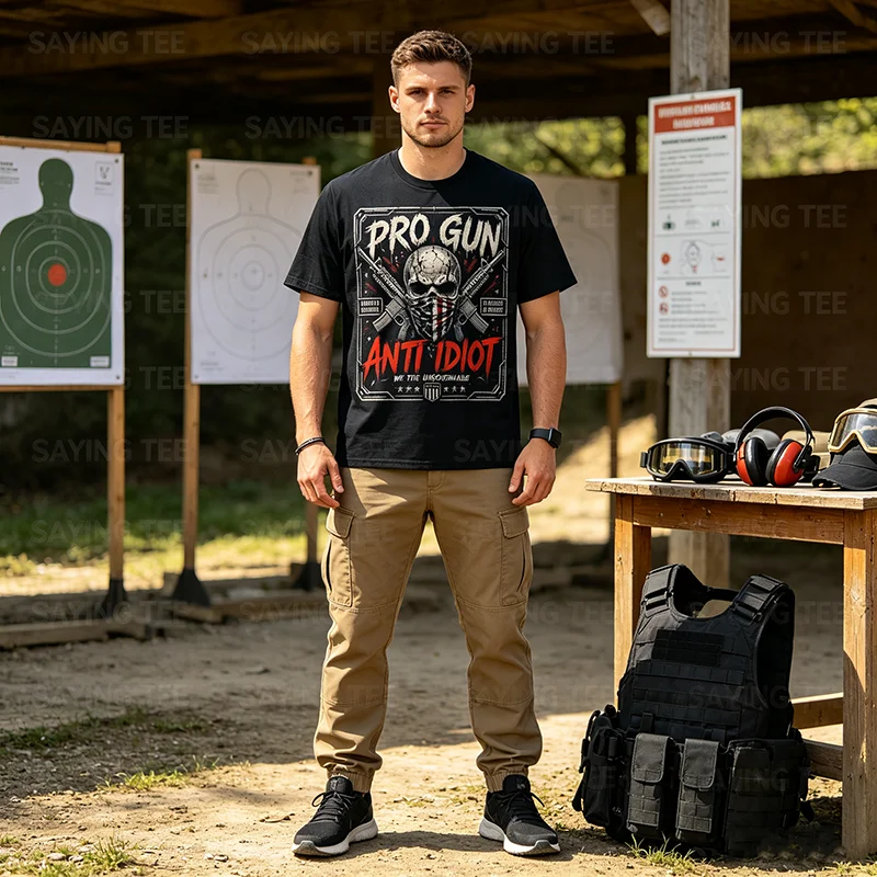 2nd Amendment Pro-Gun Anti-Idiot-Shirt Vintage USA Flag T-Shirt Y2K Herrenmode Veteranen Patriotisches Grafik-Spruch-T-Shirt Neuheit – Detail 3